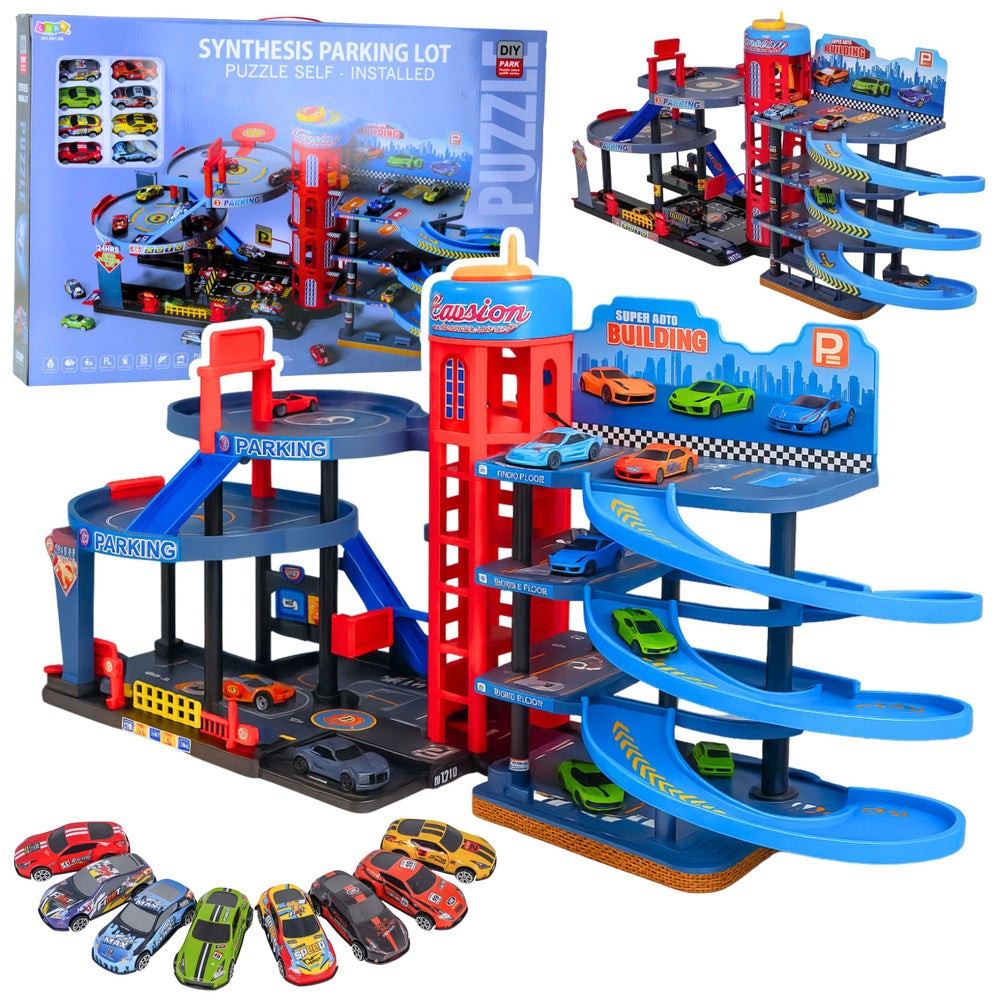 Parkeringshus leksak 4 plan med hiss & spiralramper, 8 metallbilar