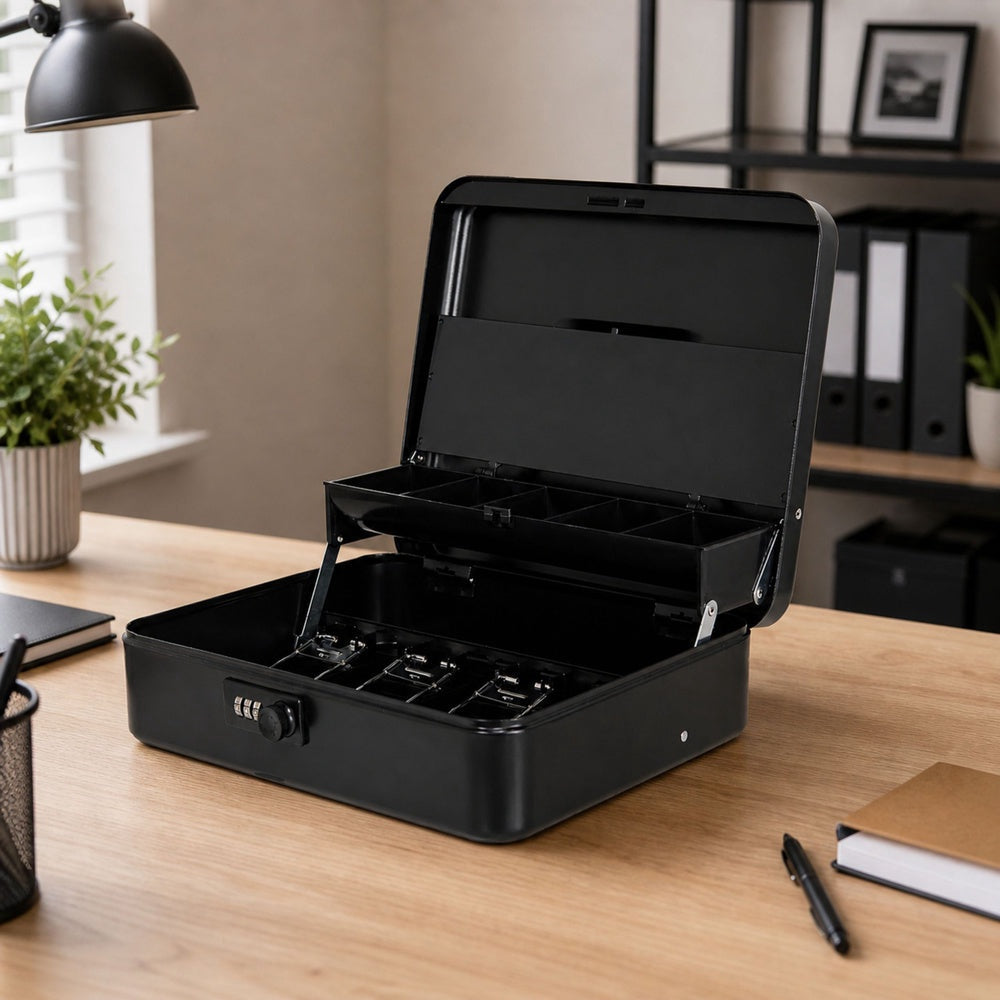 Pengarbox metall med kombinationslås och hylla 24x9x30 cm svart