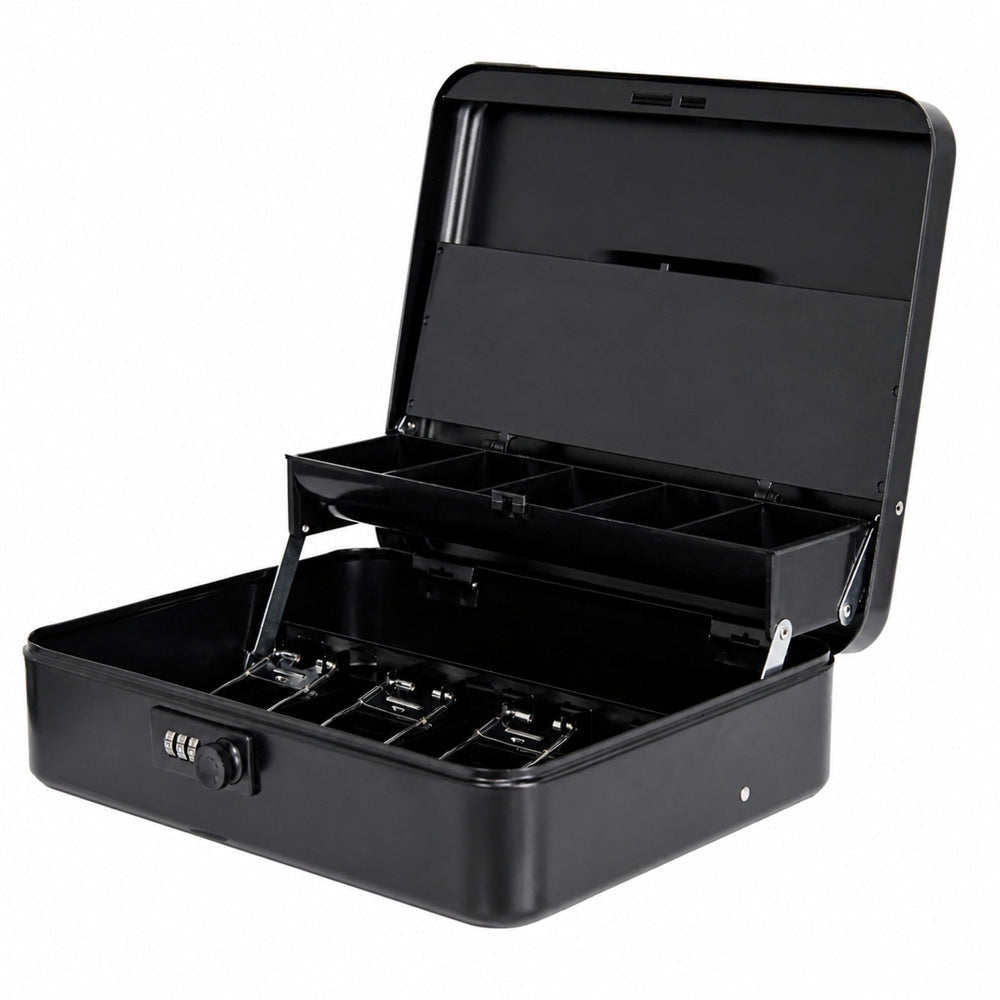 Pengarbox metall med kombinationslås och hylla 24x9x30 cm svart