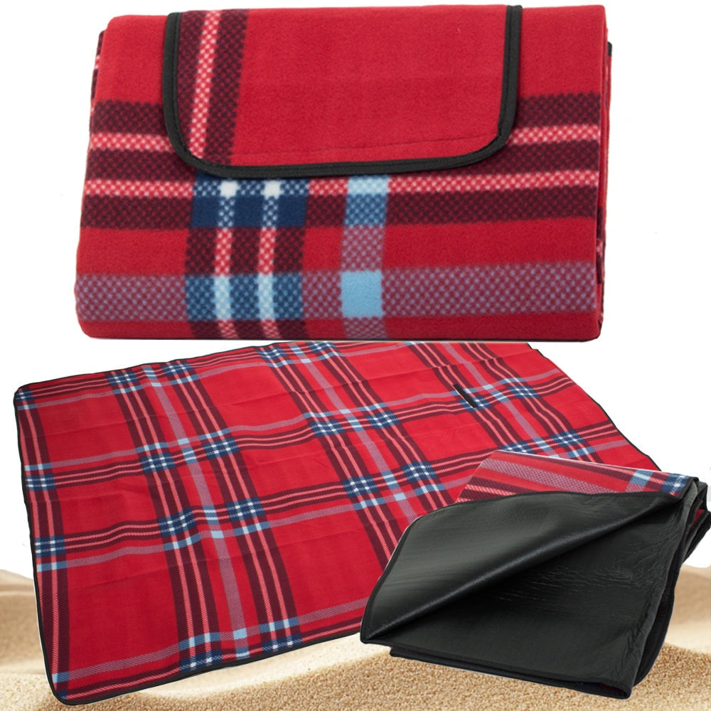 Picknickfilt 150x200 cm fleece med vattentät undersida röd rutig