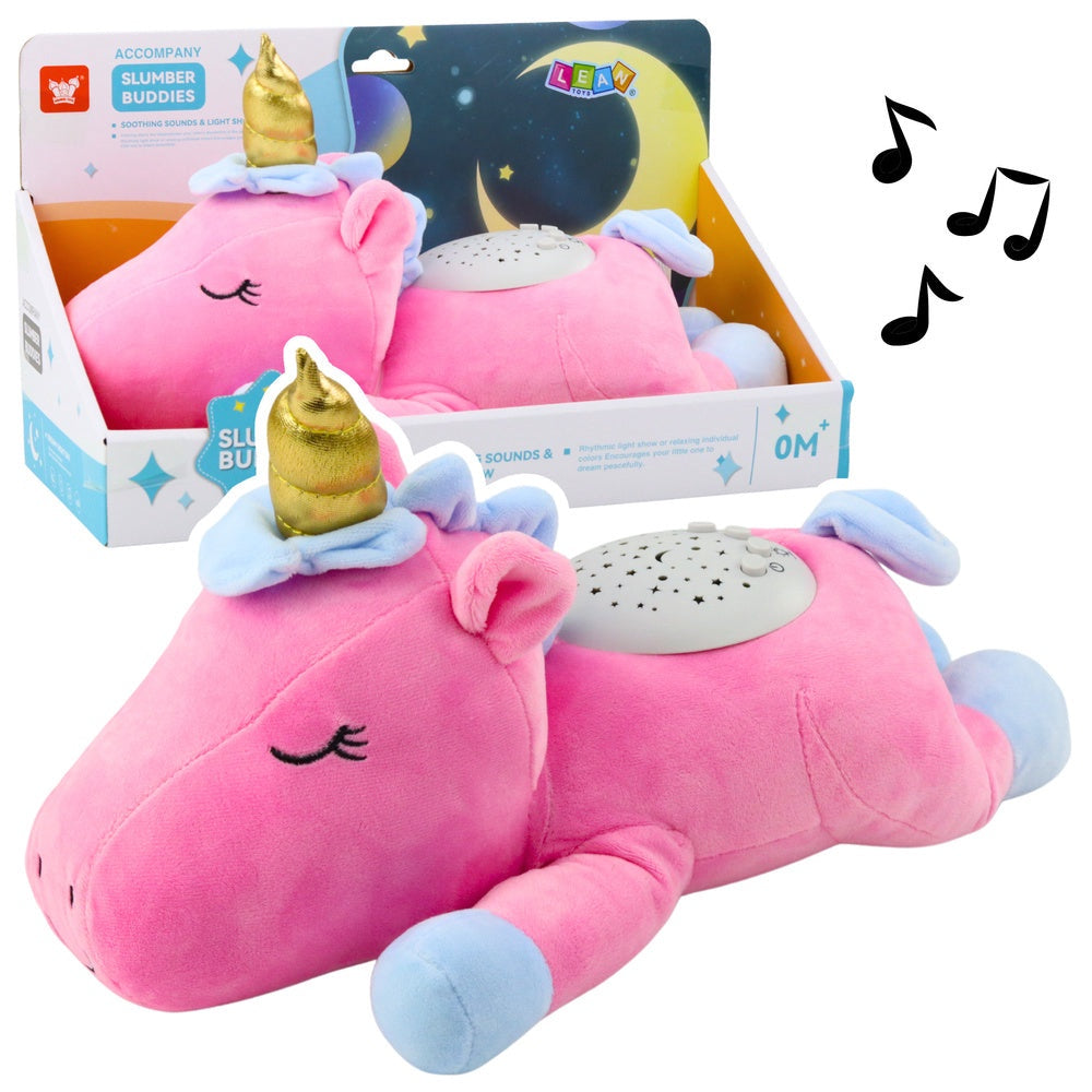 Plyschenhörning rosa med ljus- och ljudpanel, nattlampa 33 cm