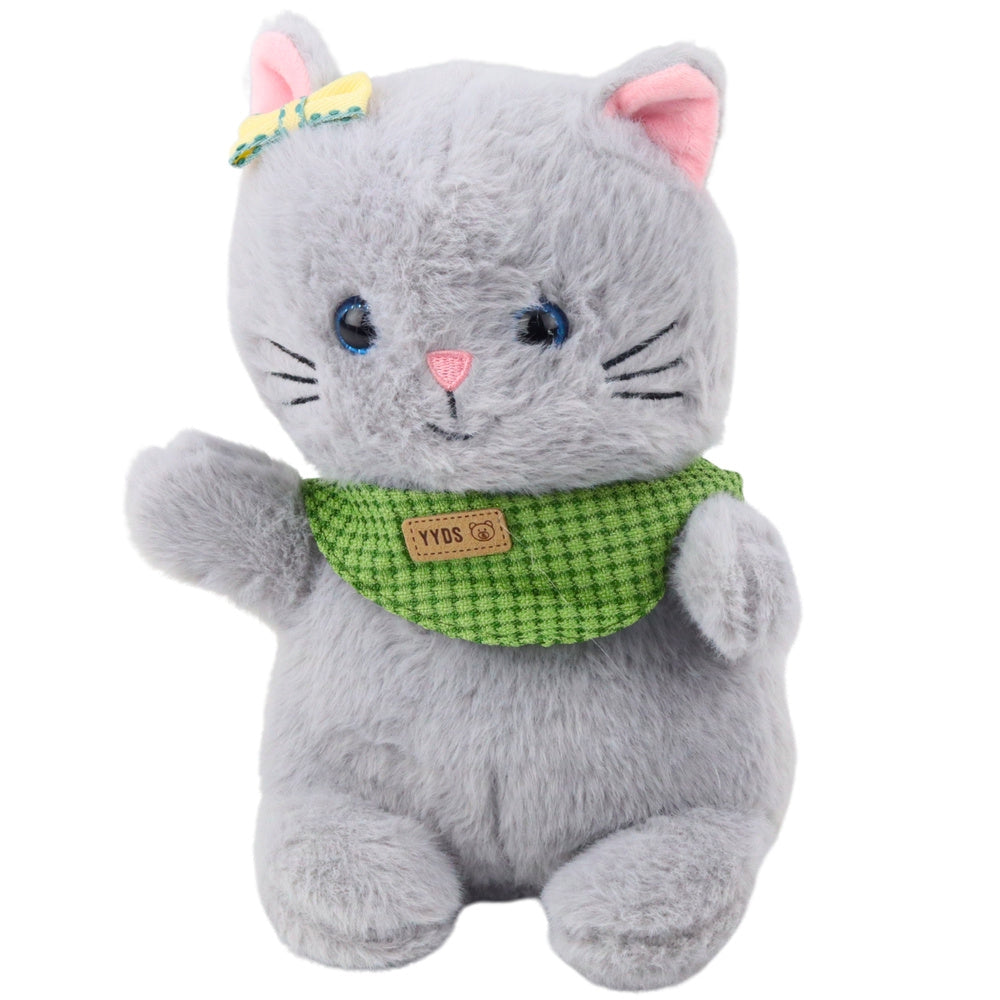 Plyschkatt mjukisdjur grå med scarf och rosett 22 cm