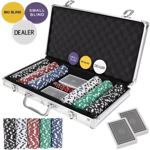 Poker set 300 marker 10 g med aluminiumväska, 2 kortlekar & tärningar