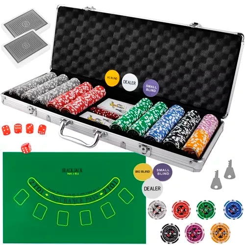 Pokerset 500 st marker med väska, plastchips med metallkärna