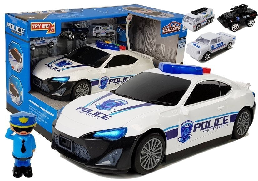 Polisbil 2i1 med garage, ljus/ljud, 3 polisbilar 1:64 + figur