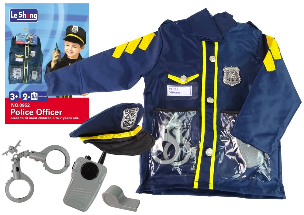 Polisdräkt barn med hatt, badge, handbojor och walkie-talkie