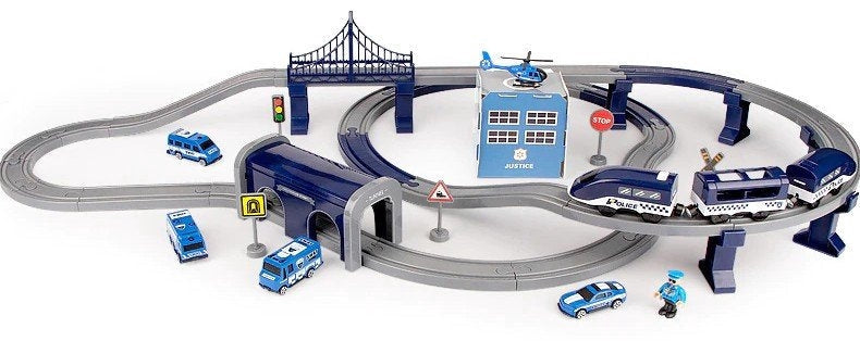 Polis tågbana leksaksset 92 delar med tåg, polisstation och fordon