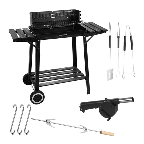 Portabel kolgrill med lock, rotisserie och övergrill 93x41x86 cm