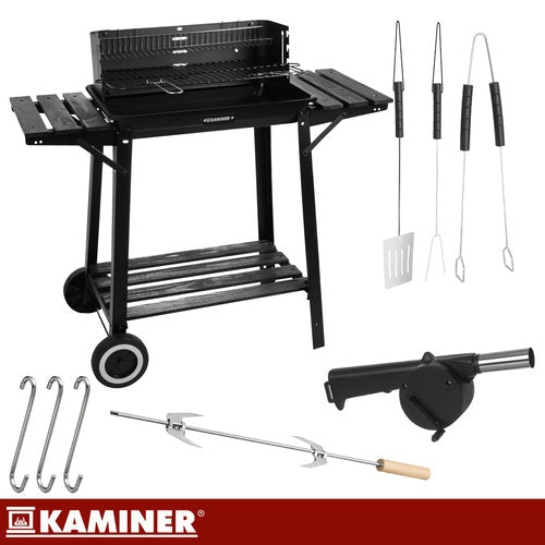 Portabel kolgrill med lock, rotisserie och övergrill 93x41x86 cm