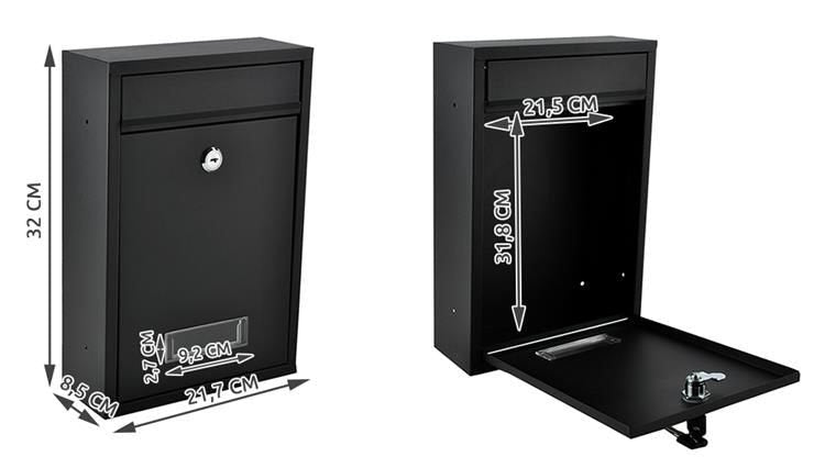 Postlåda svart galvaniserat stål med lock och 2 nycklar 32 cm