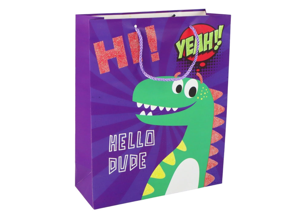 Presentpåse dinosaurie lila med glitter 41,5x30x12 cm