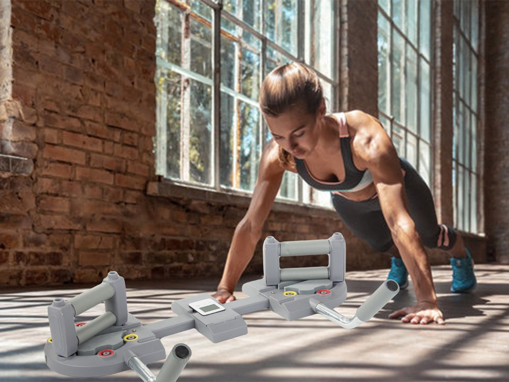 Push-up board med justerbara handtag och timer, plast grå, max 100 kg