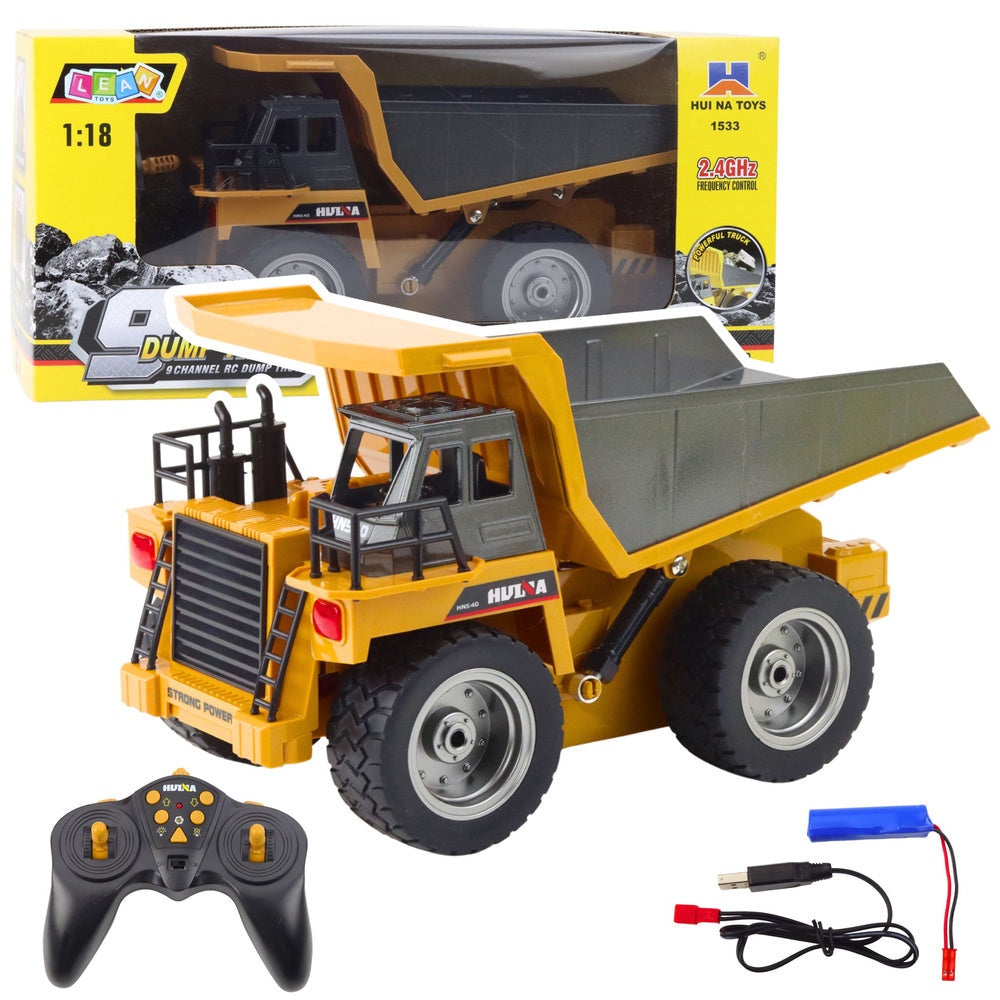 RC dumpertruck 1:18 2,4 GHz 9 kanaler tippflak LED USB-laddbar