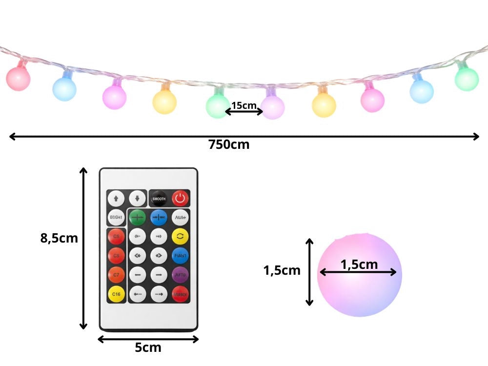 RGB LED-ljusslinga 7,5 m 50 LED USB med app och fjärrkontroll