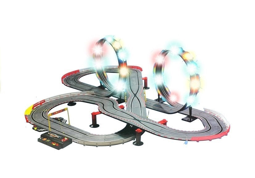 Racerbana slotcar set med 2 bilar 1:43, loopar, LED, varvräknare