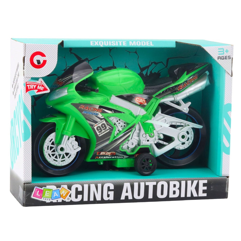 Racingmotorcykel leksak grön med ljus och ljud, 3x AG13 ingår