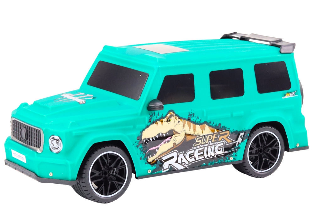 Radiostyrd bil 1:10 grön 40 cm med dinosauriegrafik och ljus