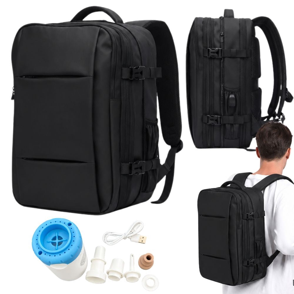 Reseryggsäck 50x36x23 cm med vakuumpump, vakuoficka & laptopfack, svart