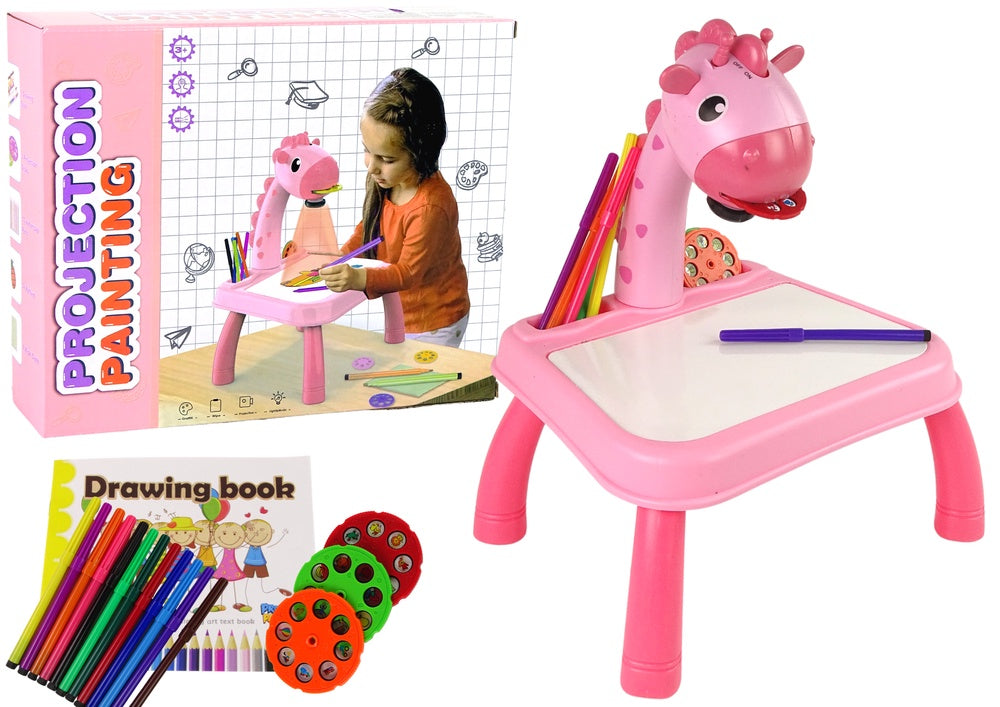 Ritprojektor dinosaurie med bord, 12 markörer, 24 motiv, rosa