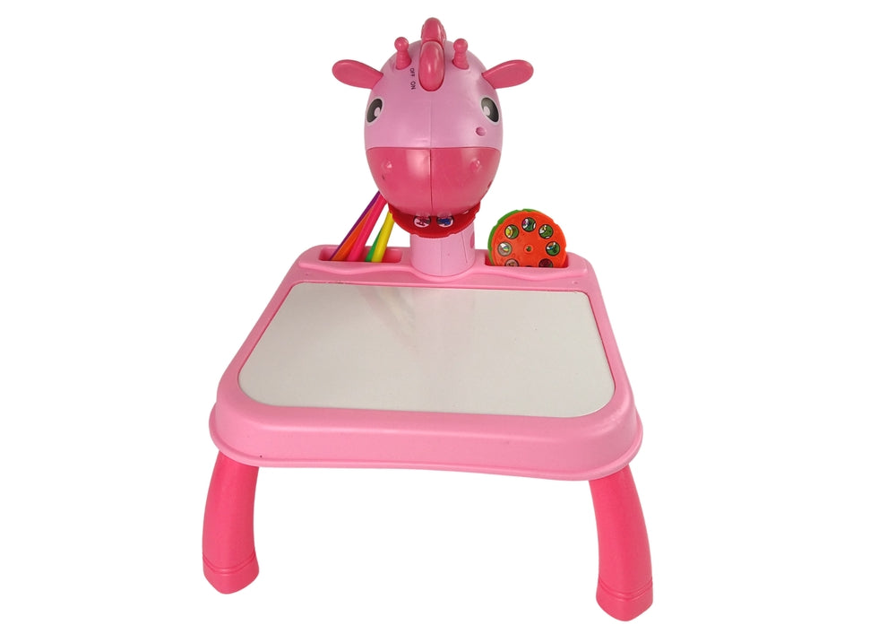 Ritprojektor dinosaurie med bord, 12 markörer, 24 motiv, rosa