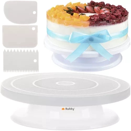 Roterande tårtfat 28 cm med 3 spatlar, vit