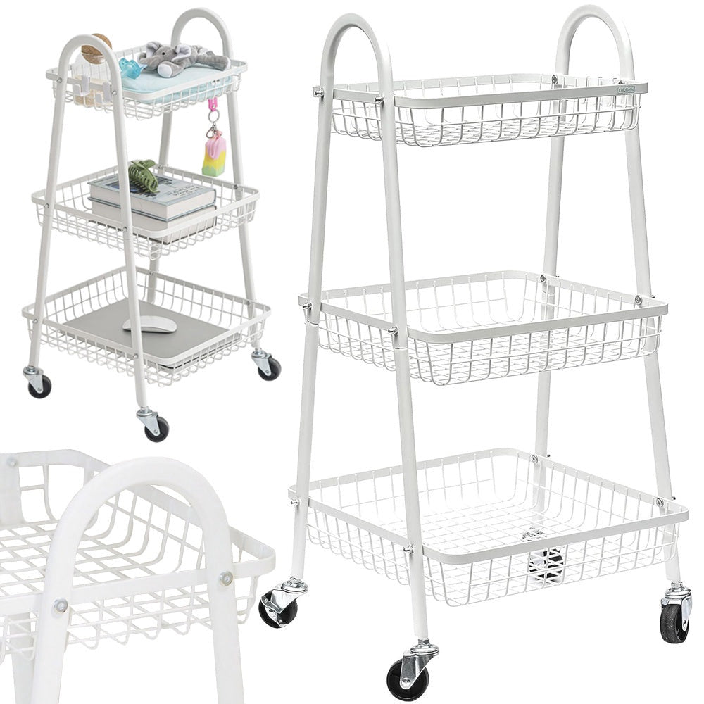 Rullvagn 3 hyllplan metall vit med hjul 78x40x32 cm