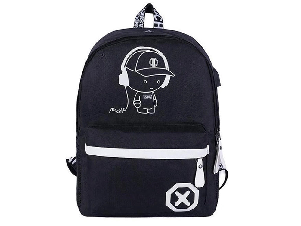 Ryggsäck ungdom med USB-uttag reflekterande svart 40x32x15 cm