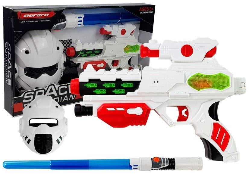 Rymdvapen leksaksset med mask, ljus/ljudpistol och teleskopsvärd