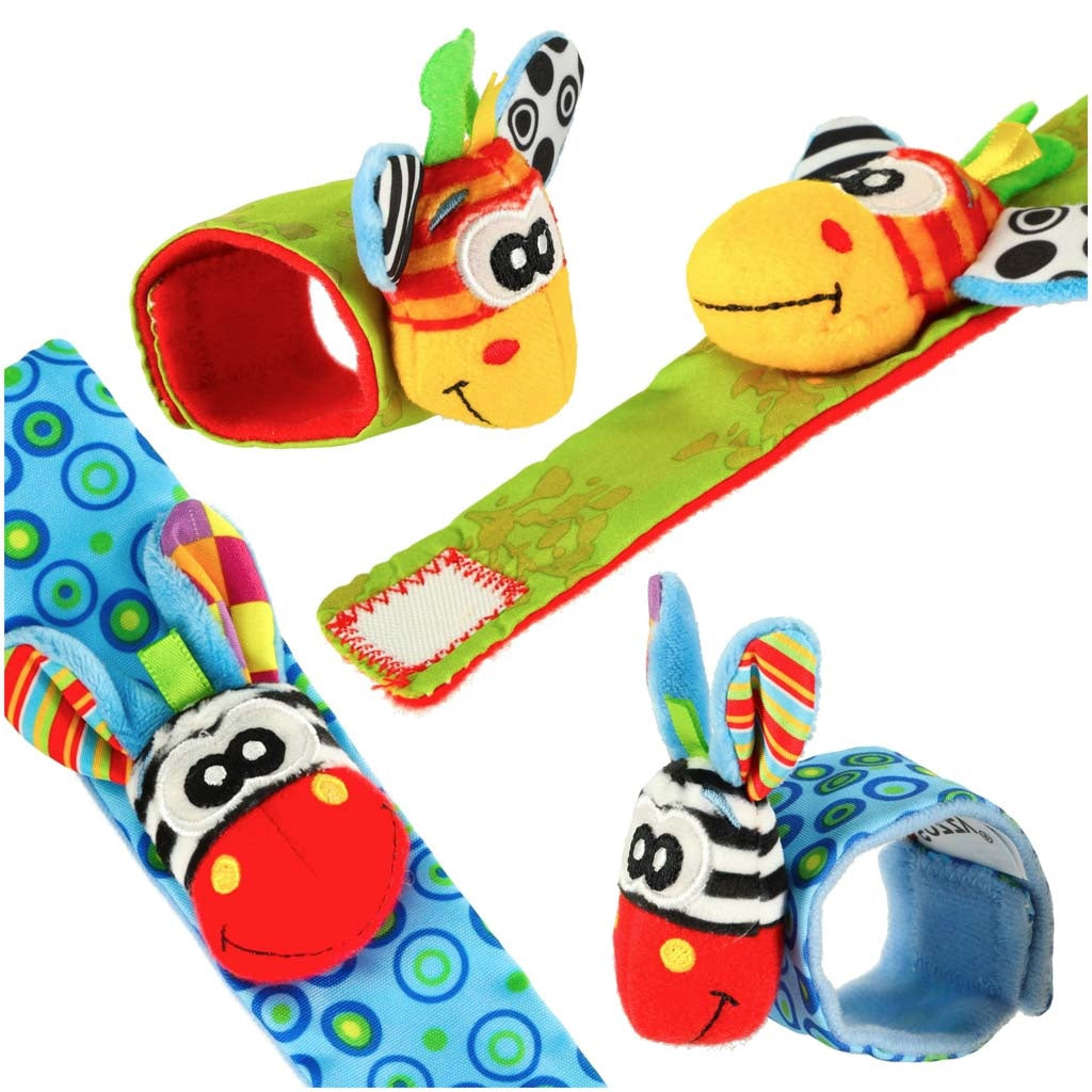 Sensoriska armband med skallra och prassel 2-pack blå/grön 15 cm