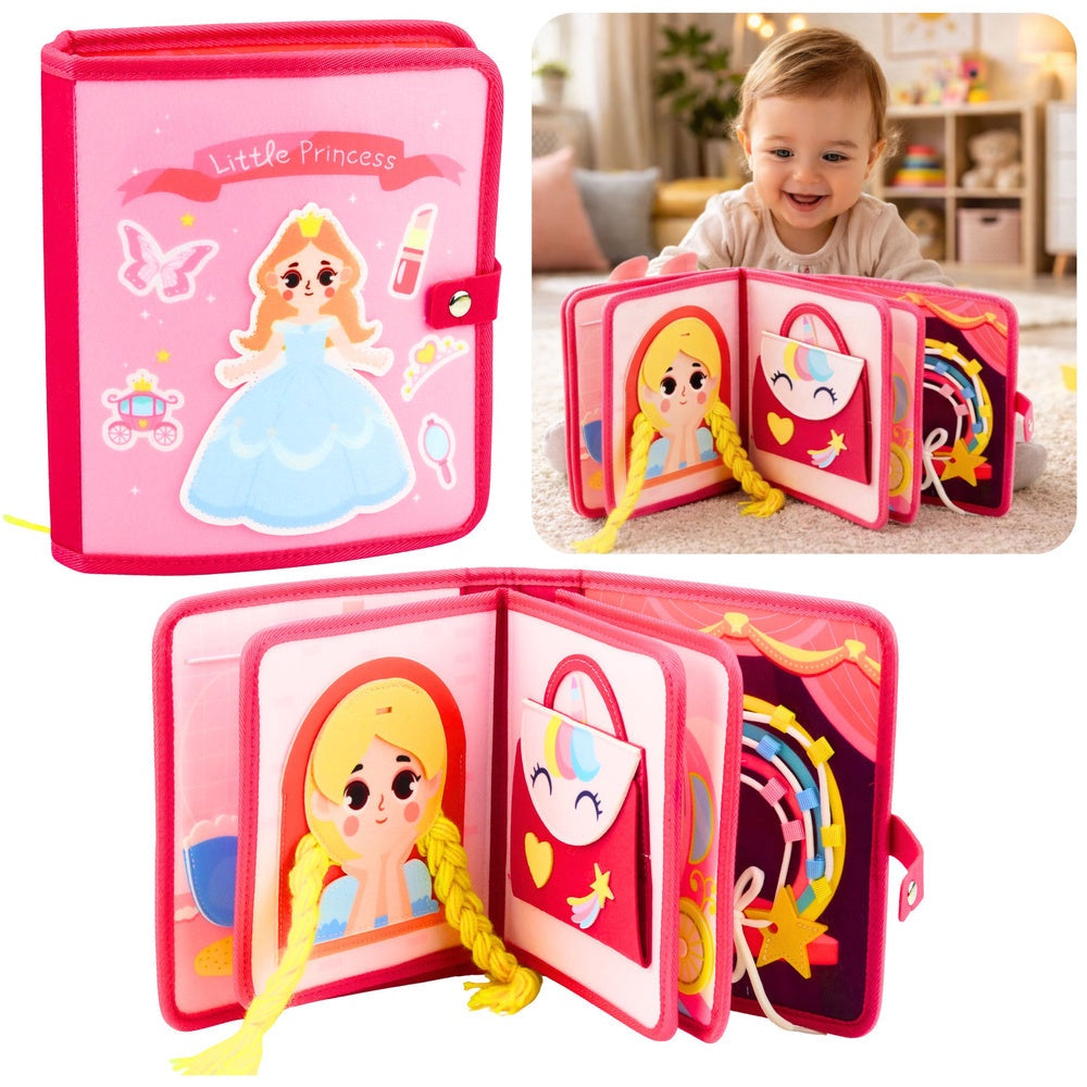 Sensorisk aktivitetsbok i filt prinsessor med matchande kläder 24x20 cm