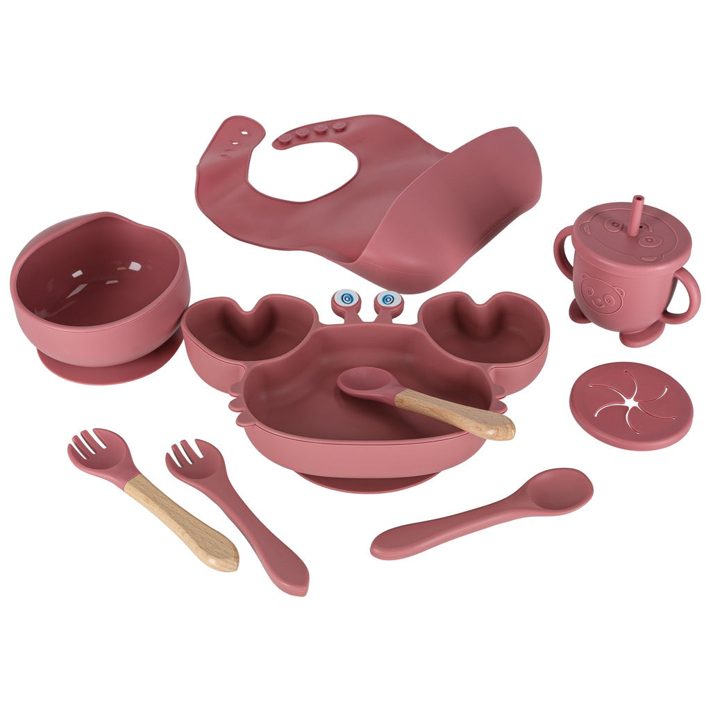 Silikon matset 9 delar för baby 6+ mån, sugkopp, rosa BPA-fritt