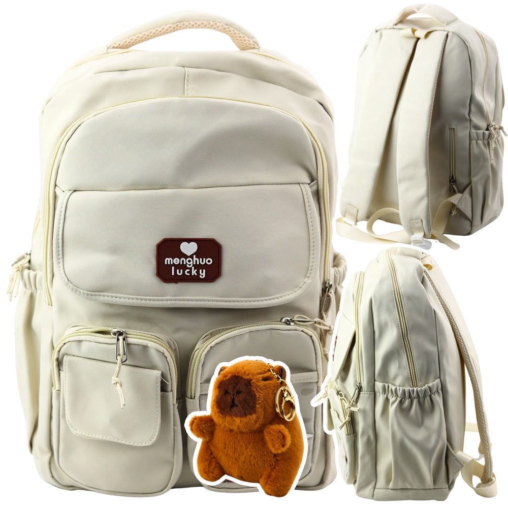 Skolryggsäck capybara beige 25L 42x30x20 cm med pins & nyckelring