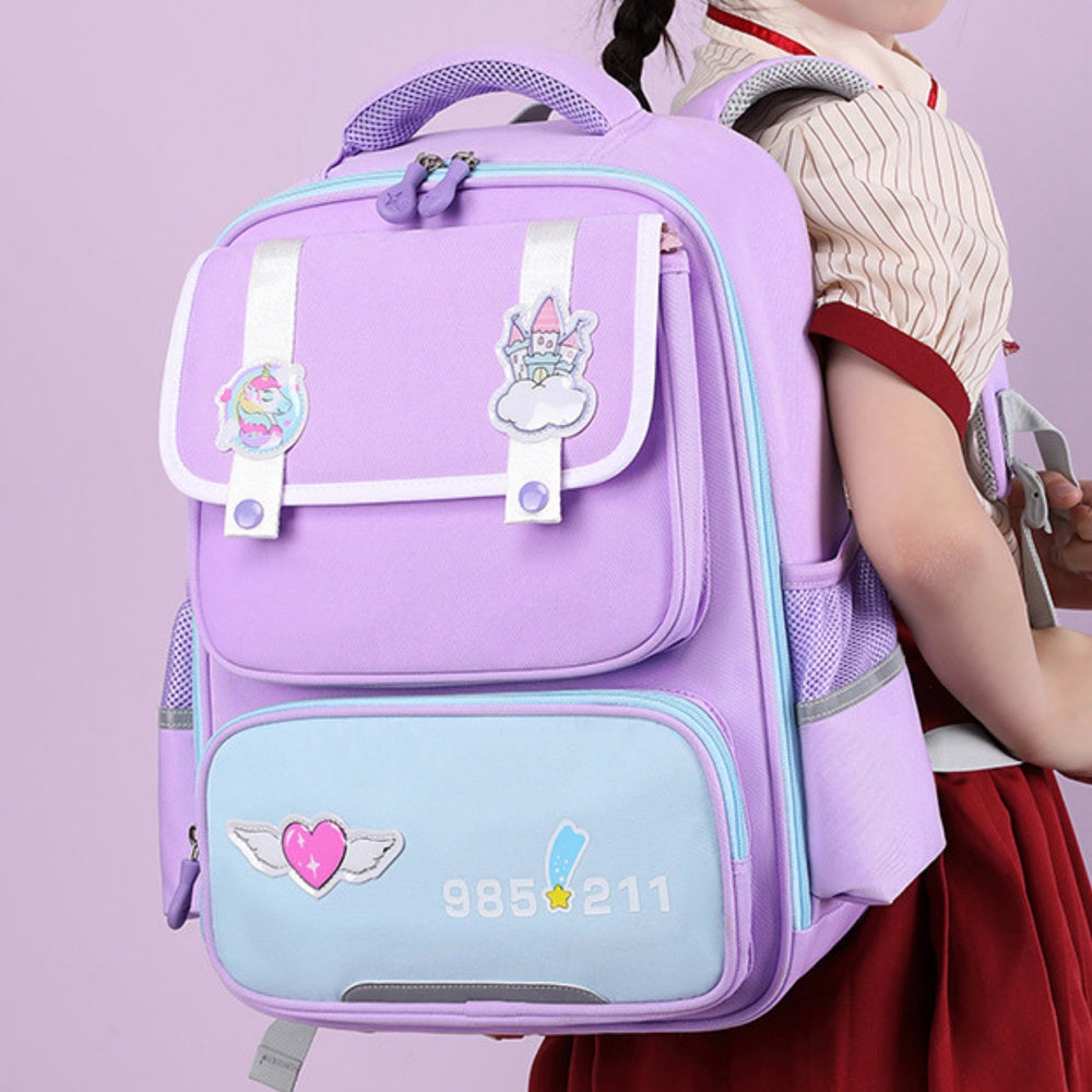 Skolryggsäck lila 16L 39x27x15 cm med reflex och 5 fickor