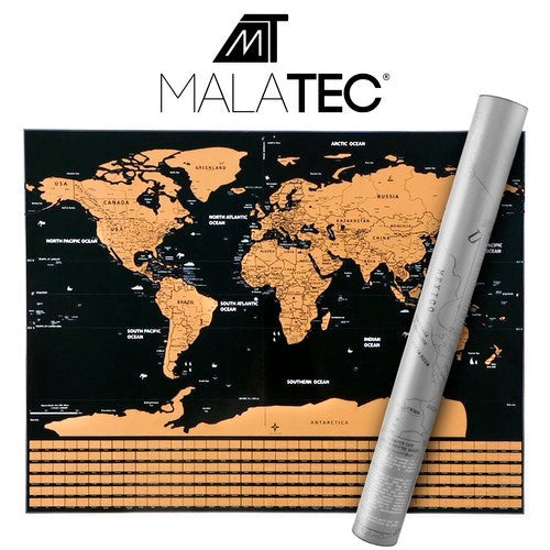 Skrapkarta världskarta 82x59 cm guld/svart skrapyta i tub
