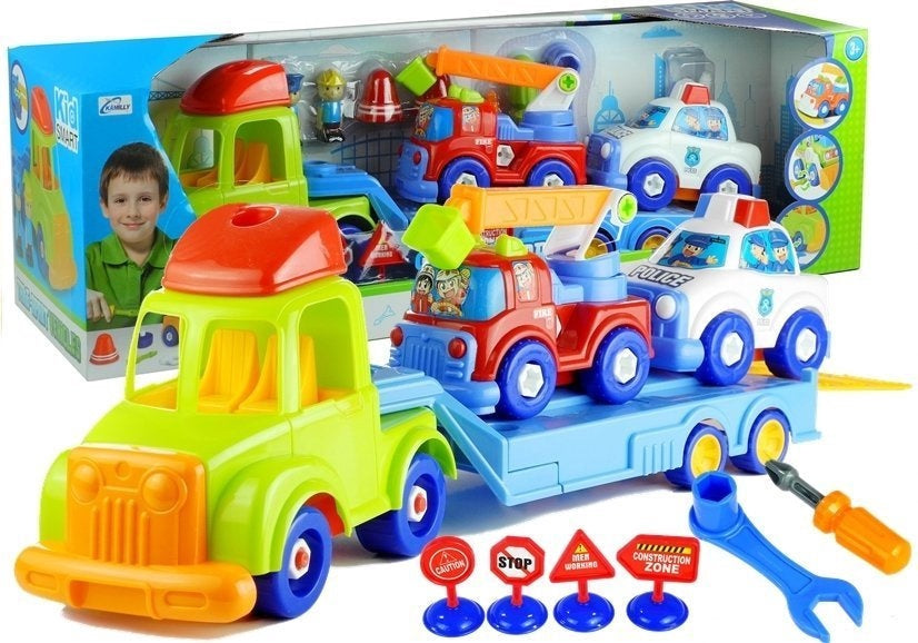 Skruvbara leksaksfordon set polisbil brandbil trailer med figurer 3+