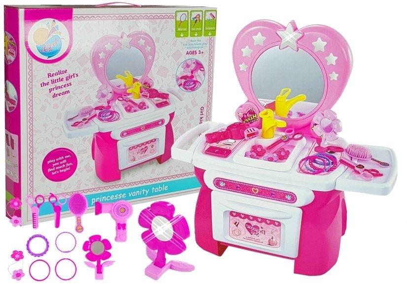 Sminkbord leksak rosa med tillbehör, skönhetsset för barn 3+