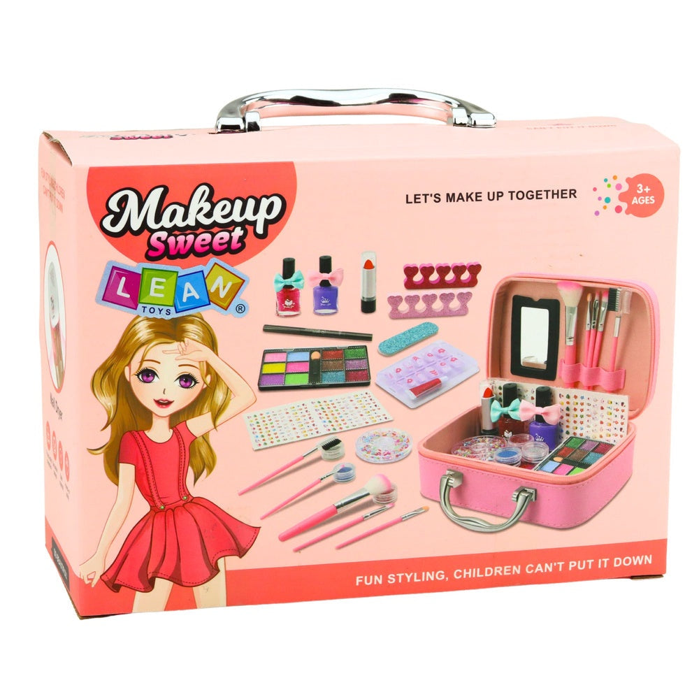 Sminkset för barn i väska rosa med nagellack, ögonskugga & torkare