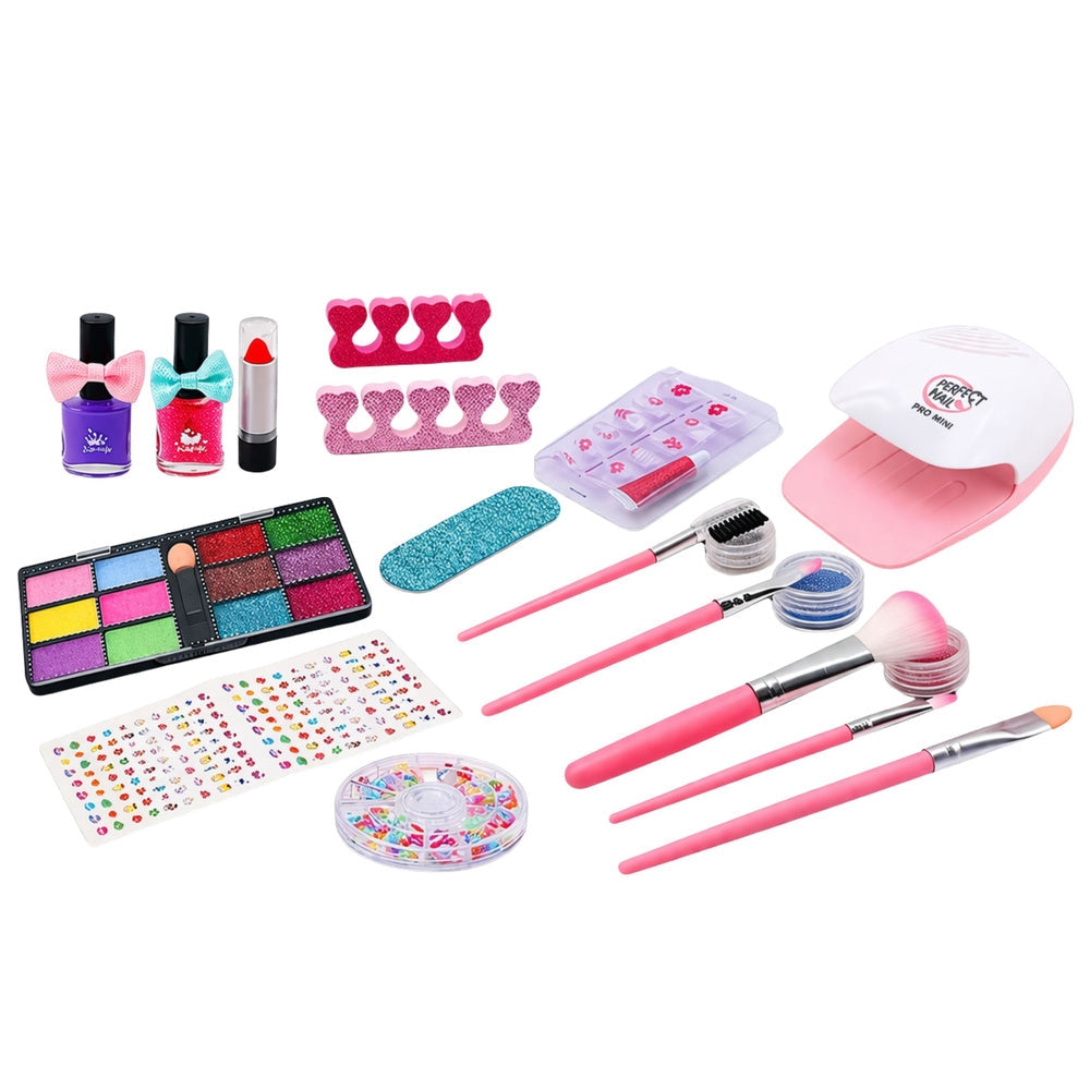 Sminkset för barn i väska rosa med nagellack, ögonskugga & torkare
