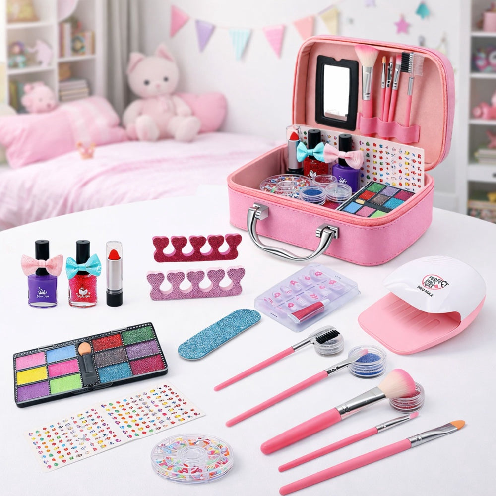 Sminkset för barn i väska rosa med nagellack, ögonskugga & torkare