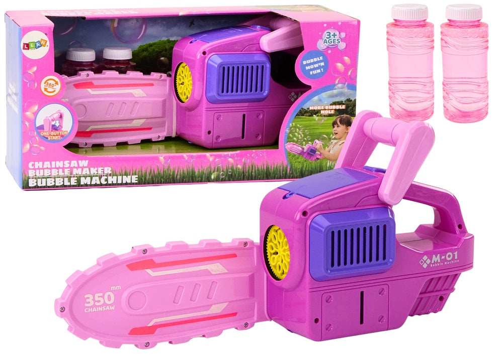 Såpbubbelmaskin kedjesåg rosa med 2 bubbelvätskor, från 3 år