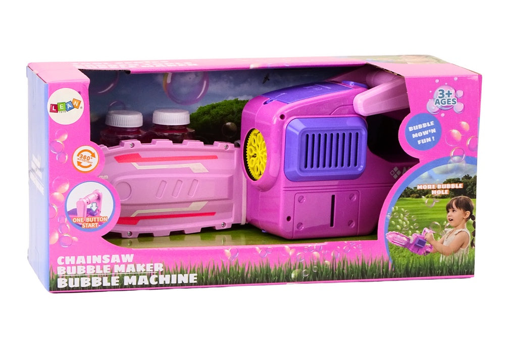 Såpbubbelmaskin kedjesåg rosa med 2 bubbelvätskor, från 3 år