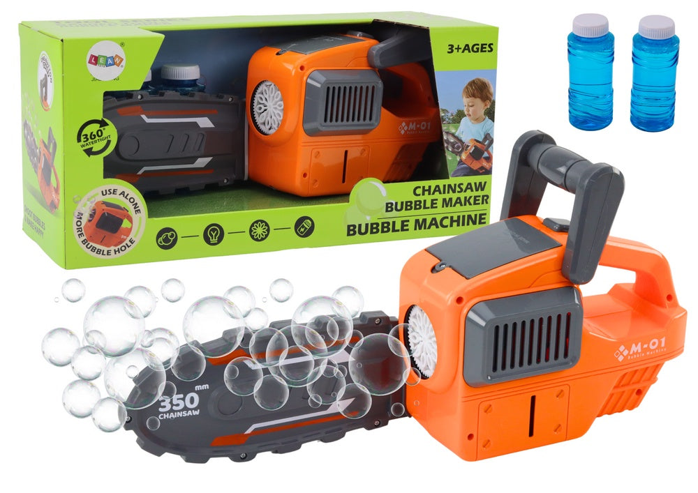 Såpbubbelmaskin motorsåg orange med 2 bubbelvätskor, 3+ år