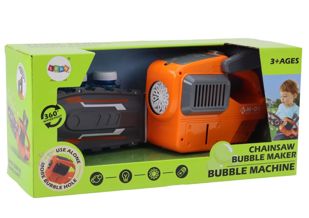 Såpbubbelmaskin motorsåg orange med 2 bubbelvätskor, 3+ år
