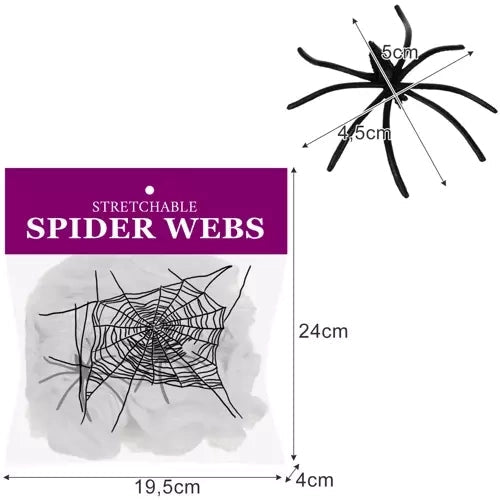 Spindelnät Halloween-dekoration 60 g vit med 2 spindlar, täcker 2,5 m²