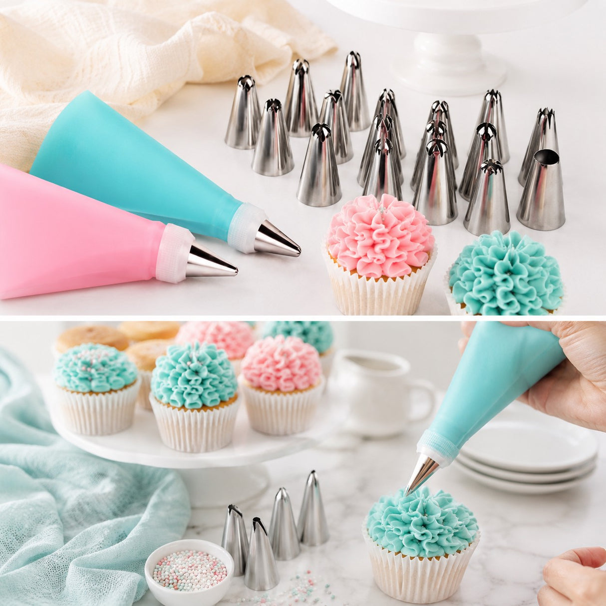 Spritspåse kit med 12 tyllar och koppling silikon/rostfritt rosa/blå