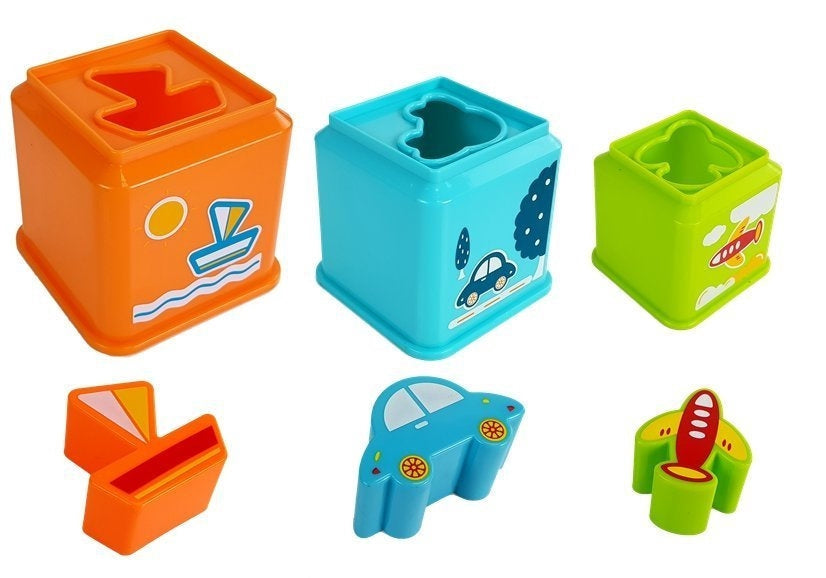 Staplingskuber piramid med fordonsbilder och sorteringshål, 5-pack