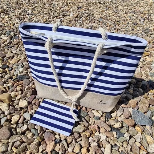 Strand- och picknickväska 22 l 34x48x14 cm marinblå/vit med mini plånbok