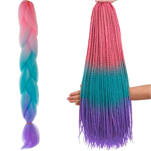 Syntetiska ombre hårflätor 60 cm rosa/vit/lila