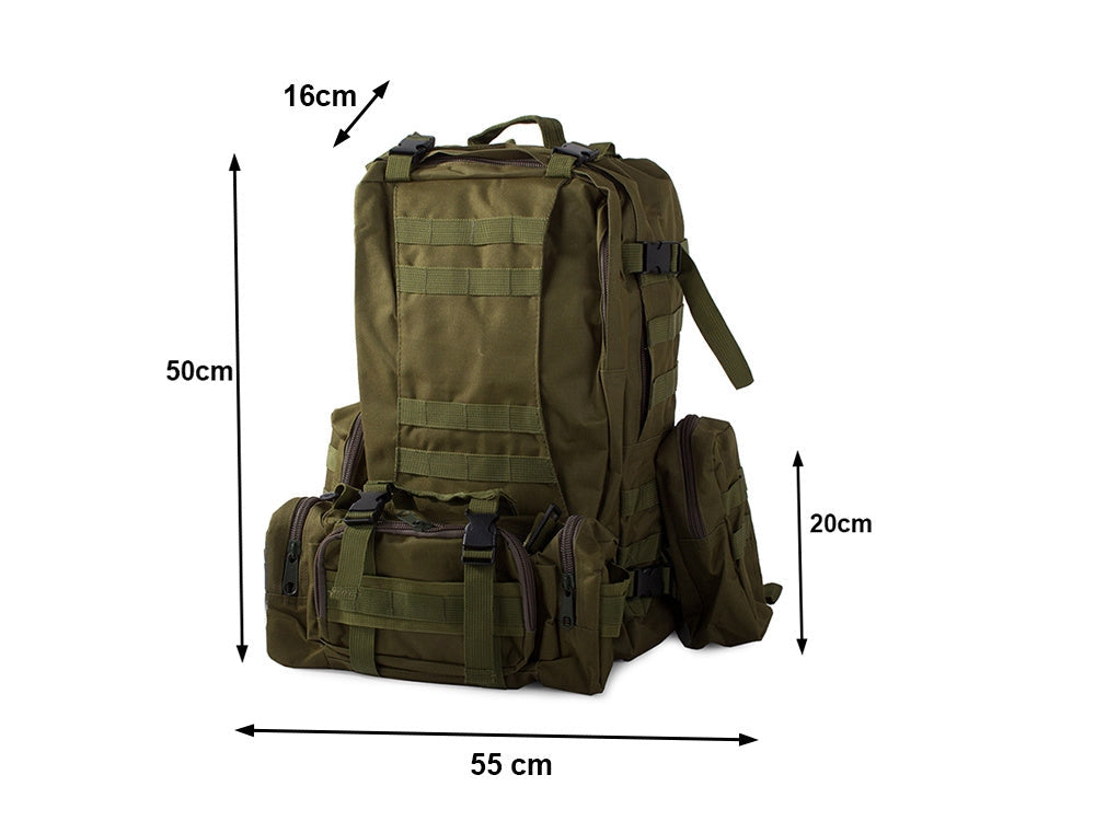 Taktisk ryggsäck 48,5 L grön med MOLLE, midjeväska och 2 sidofickor
