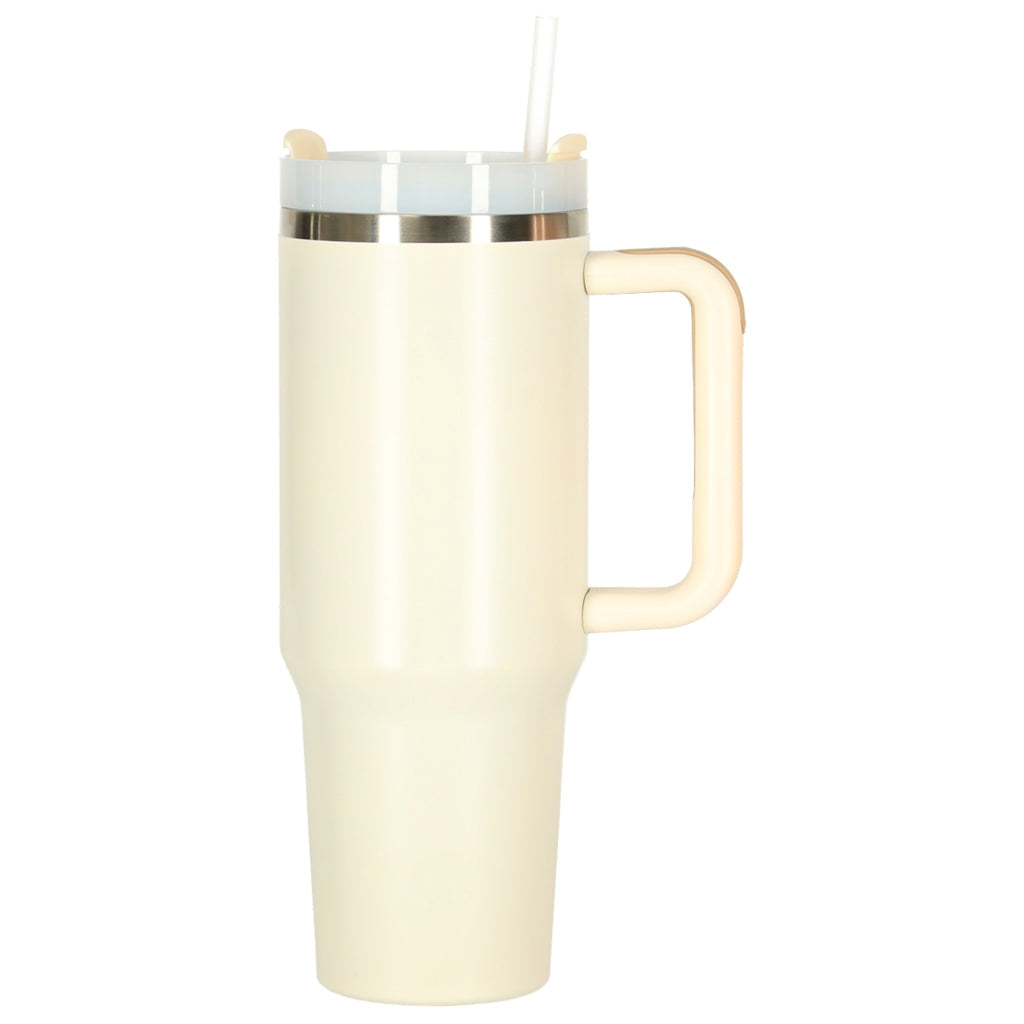 Termosmugg 1,2L med handtag och sugrör i rostfritt stål, kräm